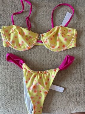 Bright Yellow Floral Bikini with Pink Straps